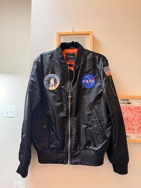 Men's NASA Black Bomber Jacket with Orange Lining